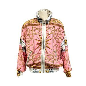 Vintage 80s John Weitz Satin Bomber – Pink & Gold Baroque Print Statement Jacket